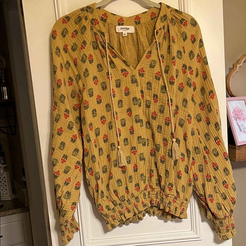Anthropologie Porridge Mustard Floral Peasant Top with Tassel Ties